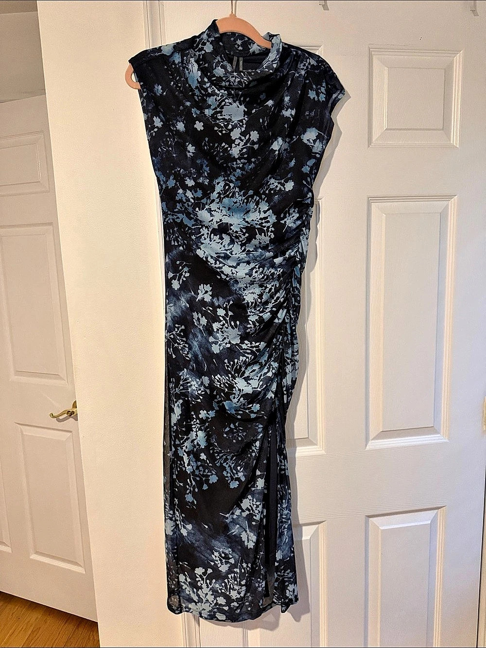 Anthropologie Floral Ruched Maxi Dress in Black & Blue NEW